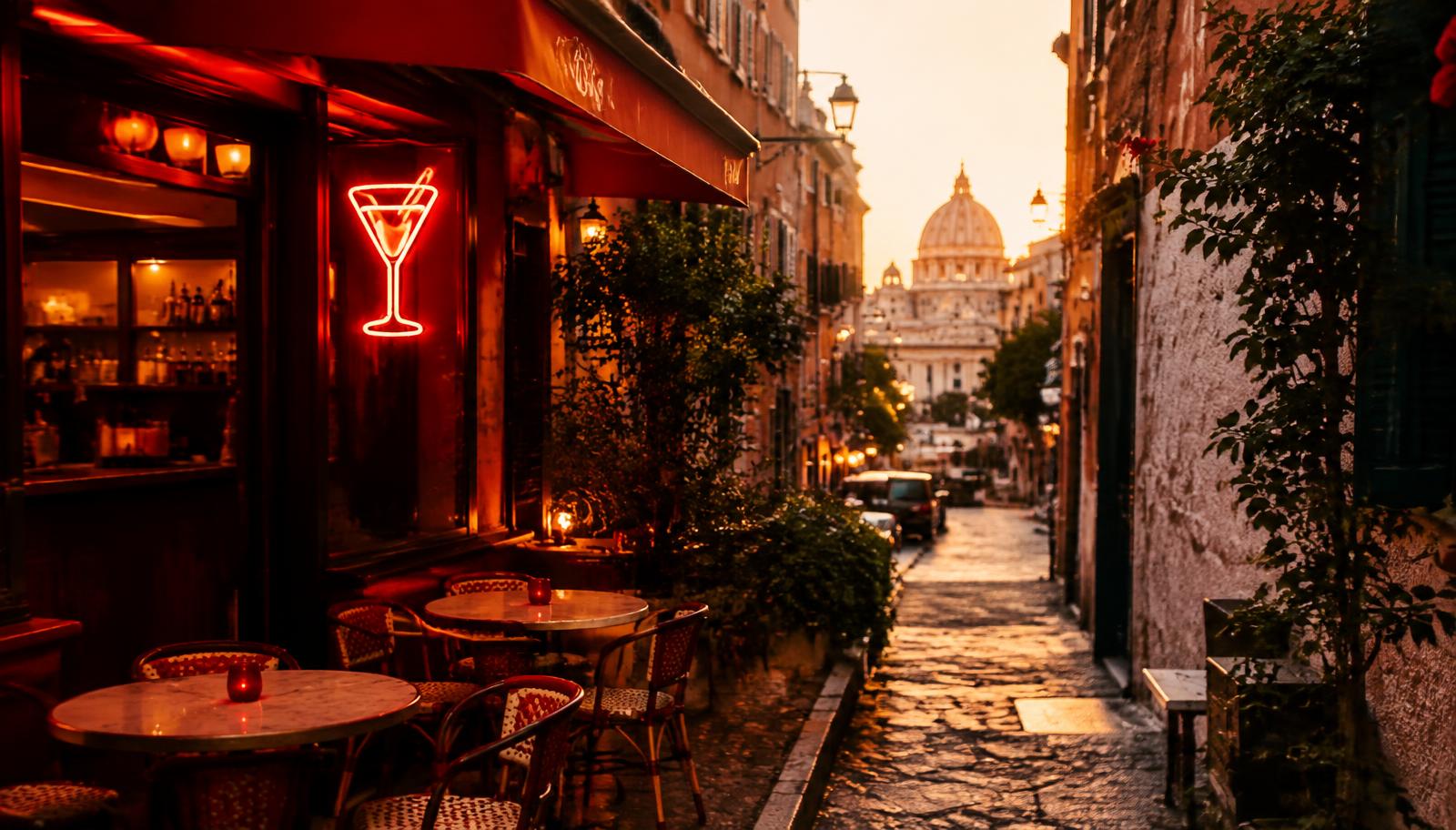 Golden-hour laneway with café tables
